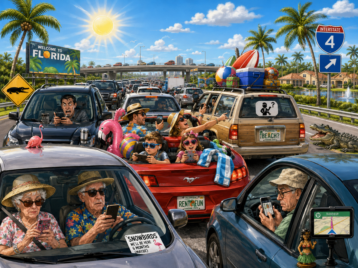Florida motorists, retirees, tourists, and children stare at phones while traffic backs up on Interstate 4