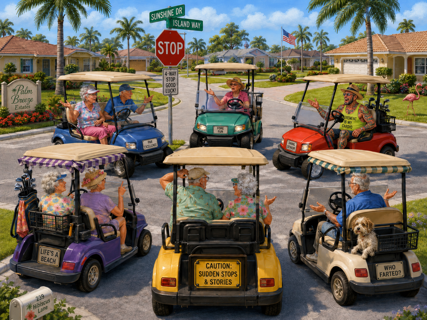 Seven golf carts driven by colorful retirees converge at a four-way stop in a Florida neighborhood