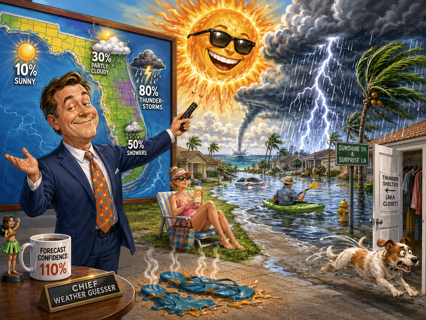 A confident Florida weather forecaster presents contradictory forecasts while sunshine, lightning, flooding, and a tornado fill the scene