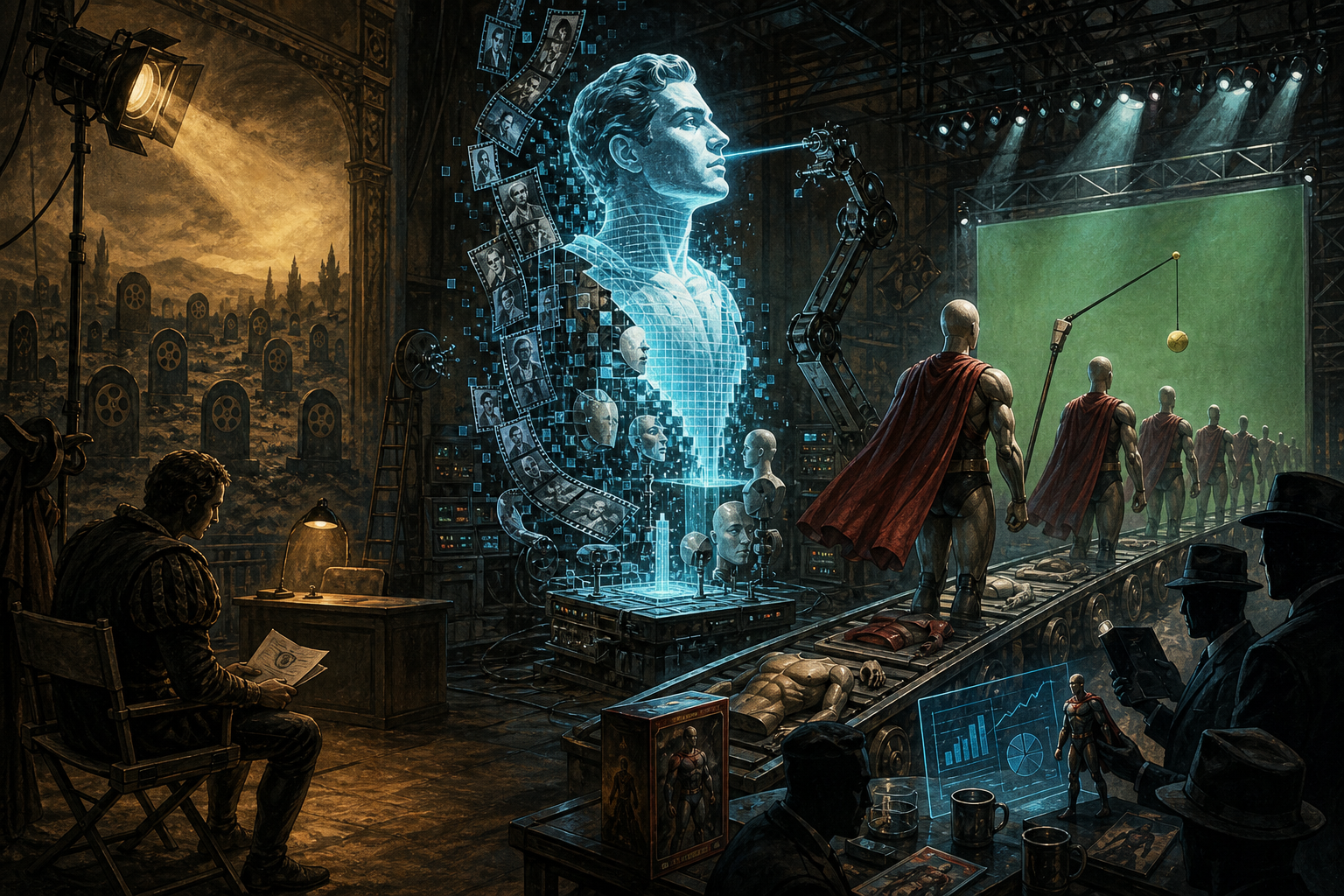 A satirical Hollywood studio where a digital movie star is resurrected beside an assembly line of caped mannequins