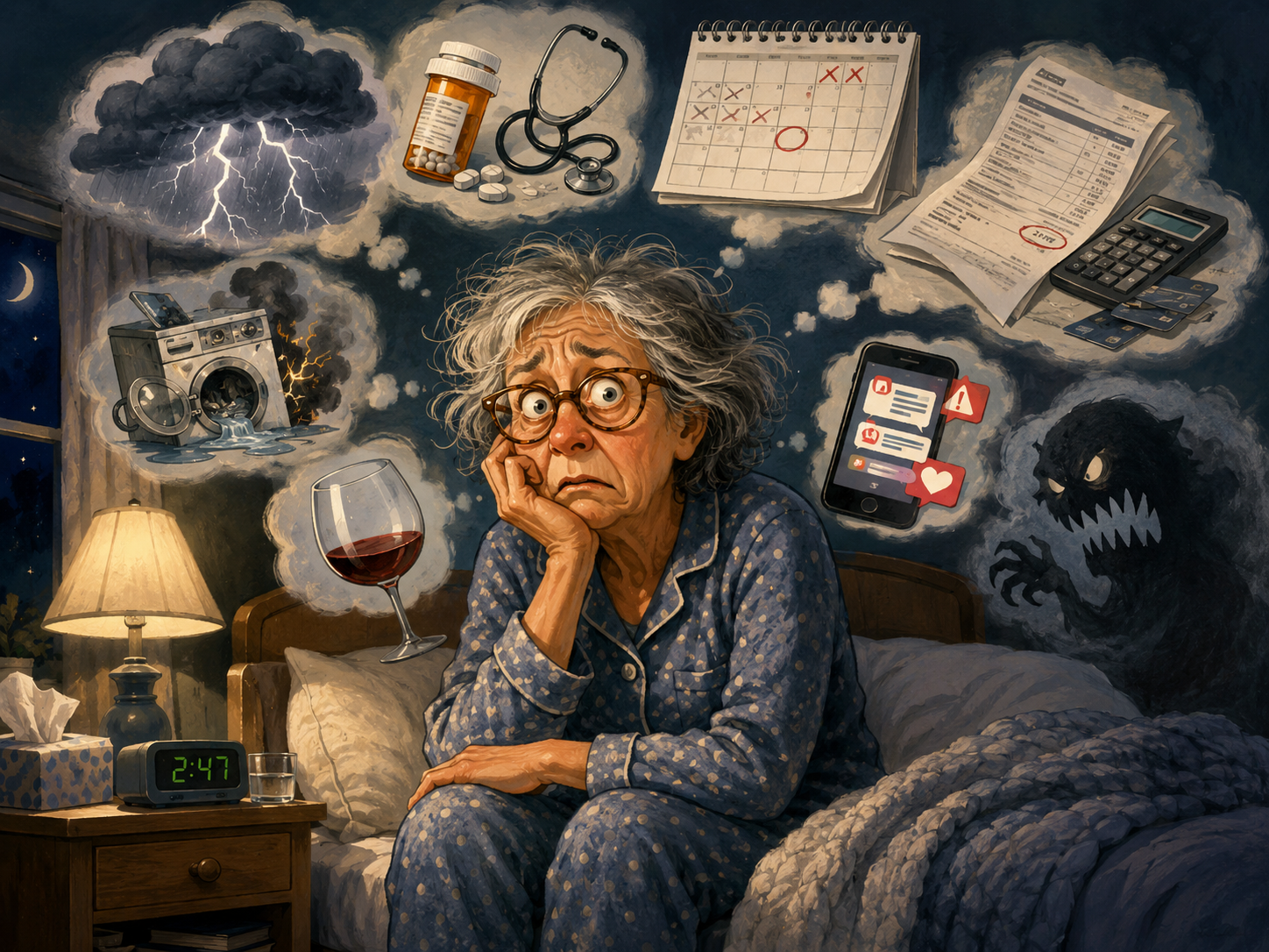Worried older woman in bed surrounded by thoughts of bills, health, weather, and household problems